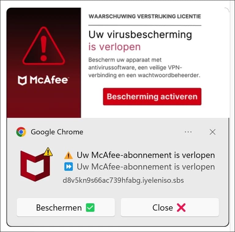Voorbeeld van een nep-virusmelding in Chrome met verlopen antivirusabonnement